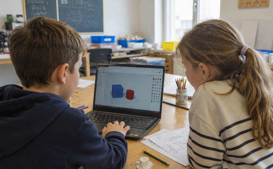 2 Kinder die am Computer gemeinsam an einem 3D-Design arbeiten