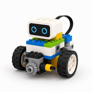 weißes Lego-Robotik-Objekt mit zwei Rädern