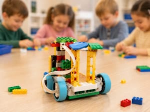 Lego-Robotik-Kurs mit mehreren Kindern, die Lego bauen
