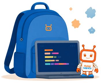 Illustration mit Schultasche, Tablet und kleinem RoboManiac-Männchen anlässlich des 20 Prozent Back-to-school Rabatts