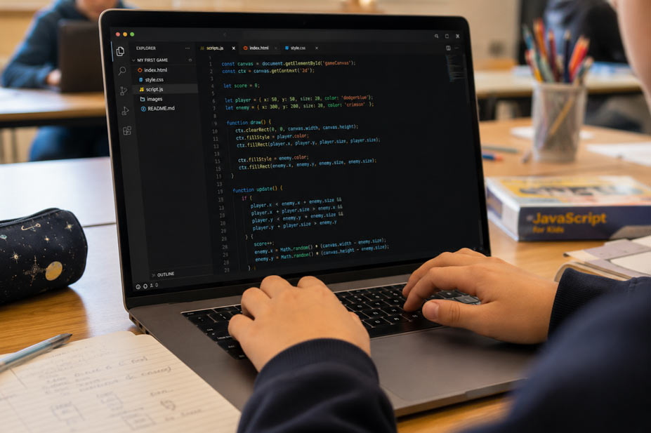 Darstellung eines Laptops, auf dem ein Coding-Programm geöffnet ist und Programmiercode angezeigt wird