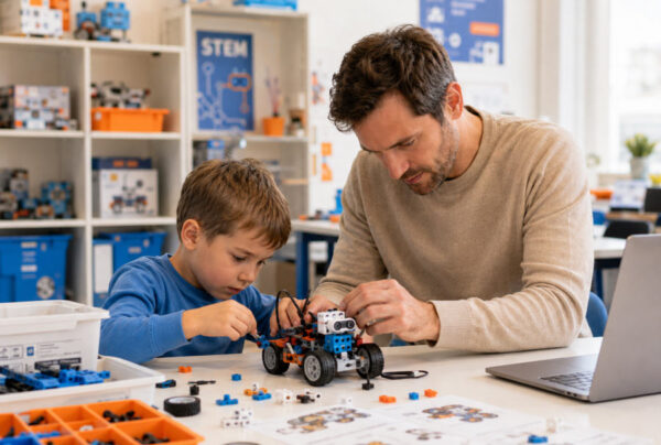Vater mit seinem Sohn basteln gemeinsam beim Family Day an einem Lego Robotik Fahrzeug