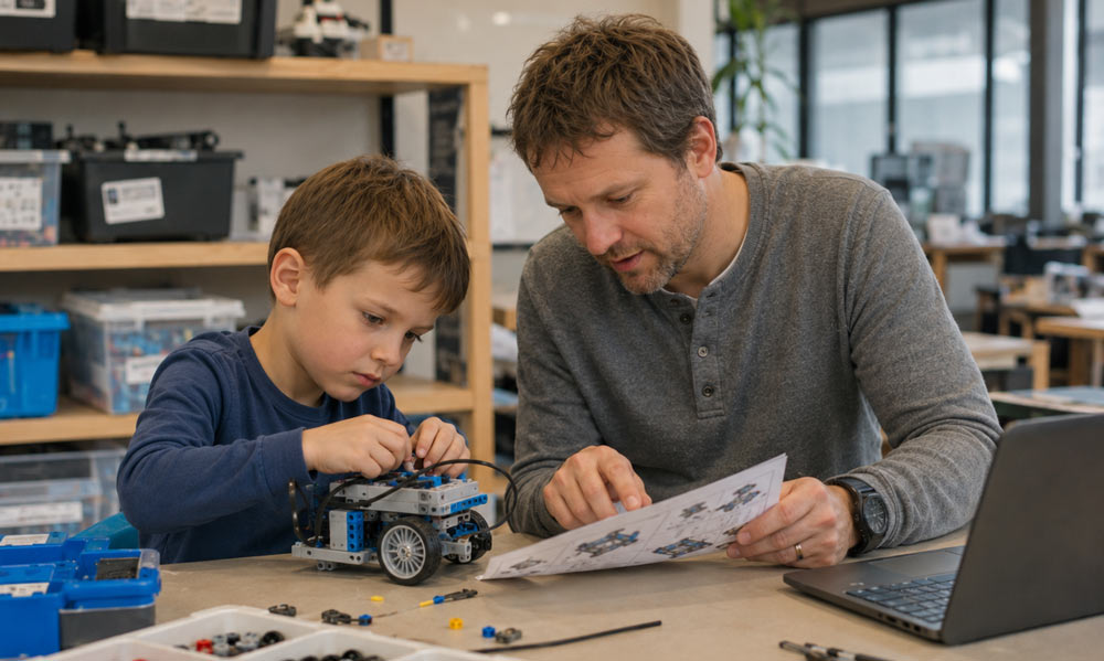 Vater und sein Sohn versuchen gemeinsam beim Robomaniac Family Day etwas aus Lego zu bauen